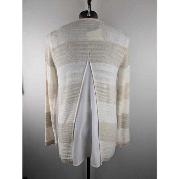 Calvin Klein Long Sleeve Chiffon Back Nubby Sweater cream beige stripe - Picture 3 of 7